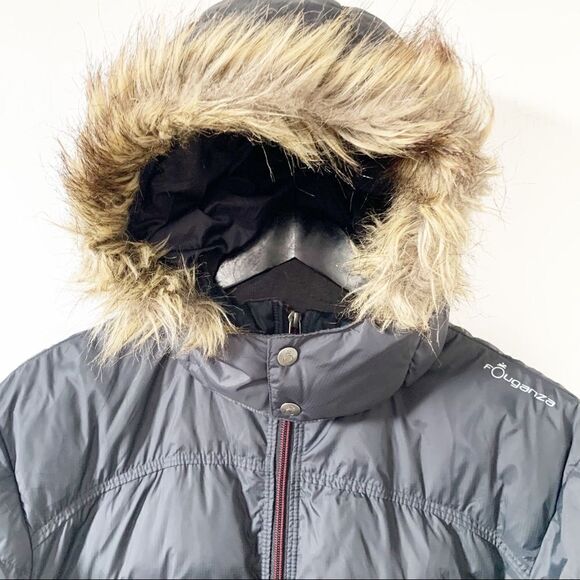Fouganza Dark Grey “Black Panther” Fur Trim Hood Long Puffer Winter Coat - Picture 3 of 14